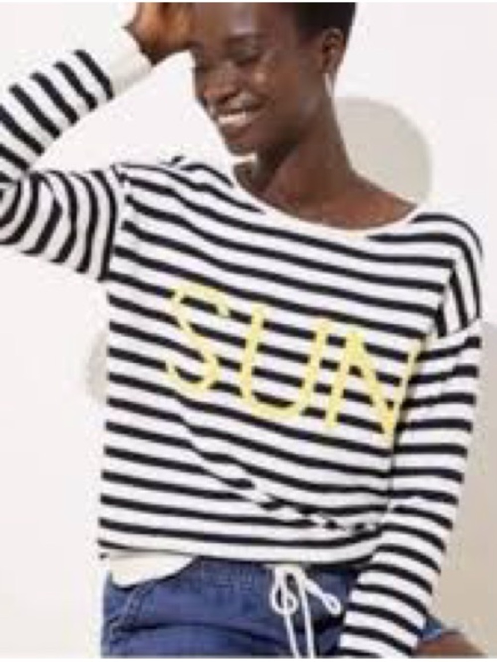 LOFT Black & White Striped Crewneck Sweater with Yellow SUN Graphic